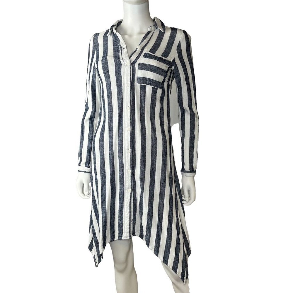 Hope & Harlow Blue & White Roll Tab Asymmetrical Shirt Dress‎ Size 6